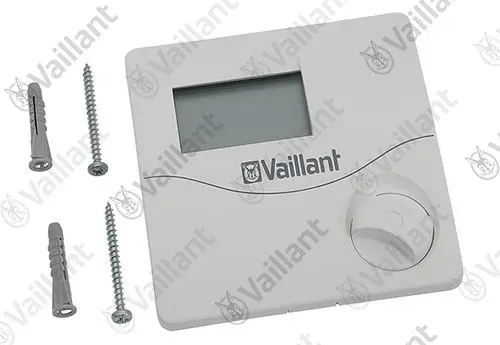 Vaillant Steuergerät mit LCD-Anzeige und Einstellrad, geliefert mit Schrauben und Dübel für die Montage.